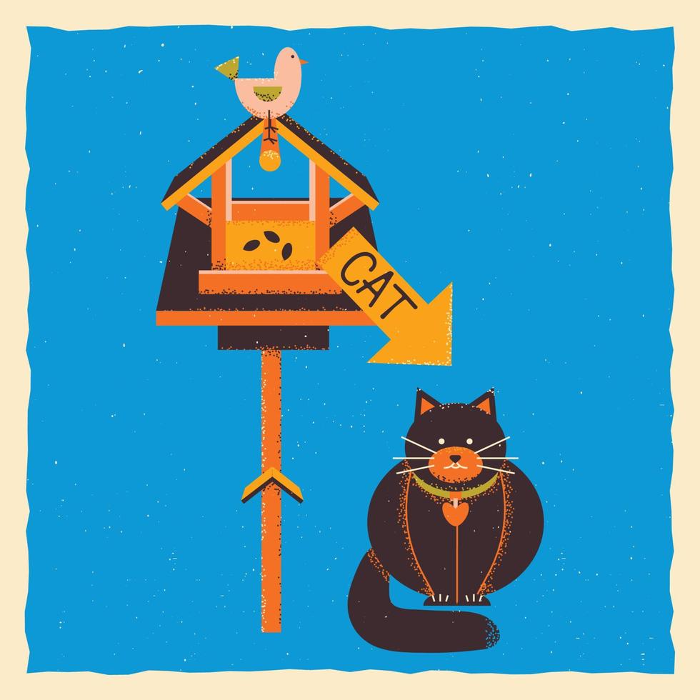 vogel voeder met een pijl richten naar een kat en een inscriptie. plein sjabloon met een voeder en een kat, in grunge stijl vector