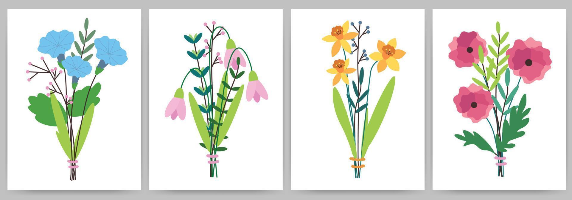 een reeks van boeketten met sneeuwklokjes, narcissen, pioenrozen. rechthoekig Sjablonen met bloemen, bladeren, takken. vector
