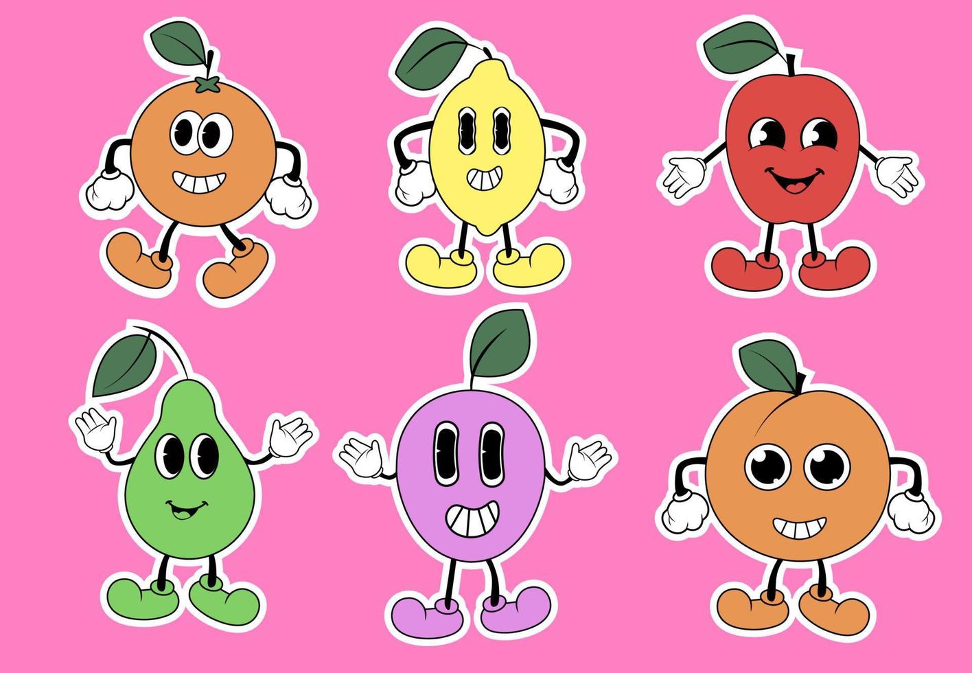 tekenfilm retro grappig stijl fruit karakter set. y2k stickers pak. 90s en jaren 2000 stijl. vector
