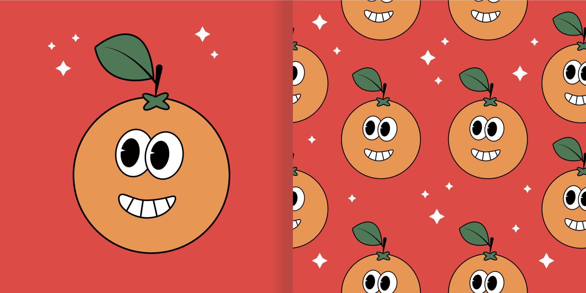 oranje tekenfilm grappig karakter met naadloos patroon. tekening retro stijl vector illustratie.