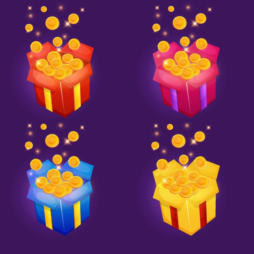 verschillend kleur Open geschenk doos vol van goud munten. spel koppel icoon set. krijgen beloning dozen. vector