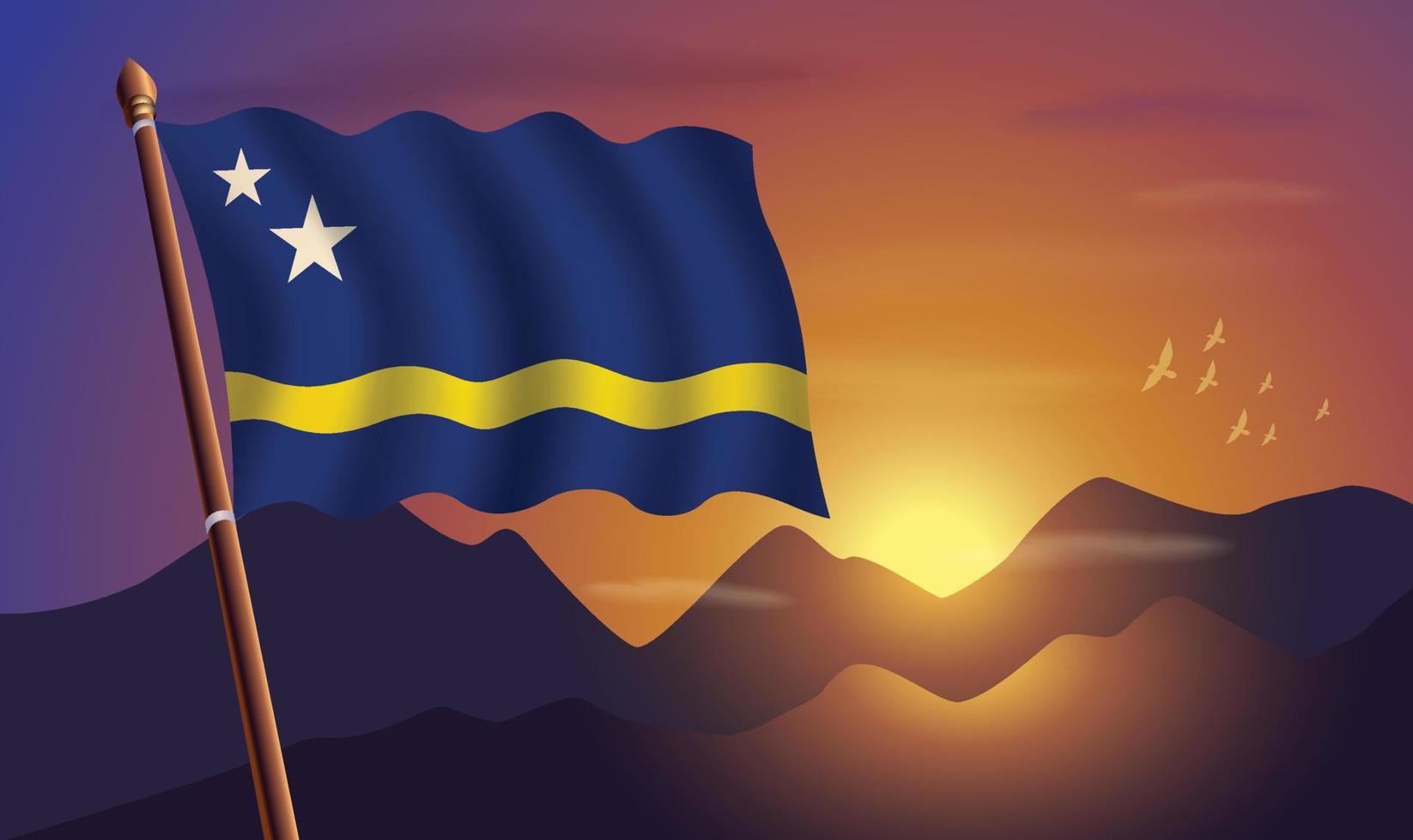 Curacao vlag met bergen en zonsondergang in de achtergrond vector