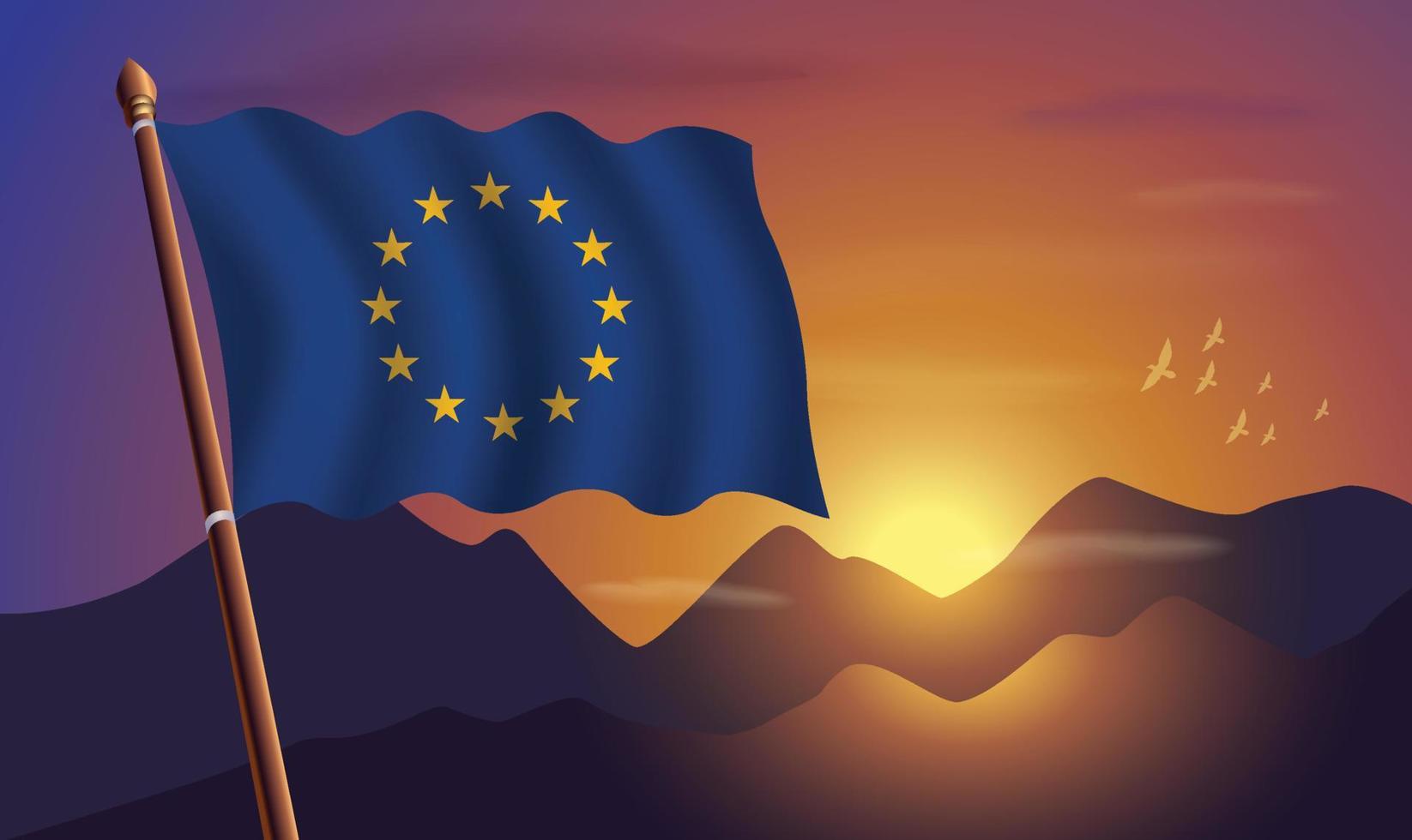 Europese unie vlag met bergen en zonsondergang in de achtergrond vector