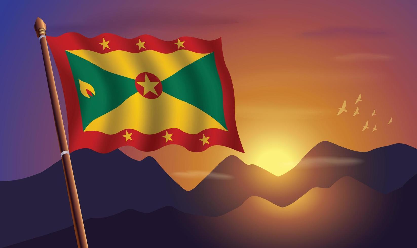 Grenada vlag met bergen en zonsondergang in de achtergrond vector