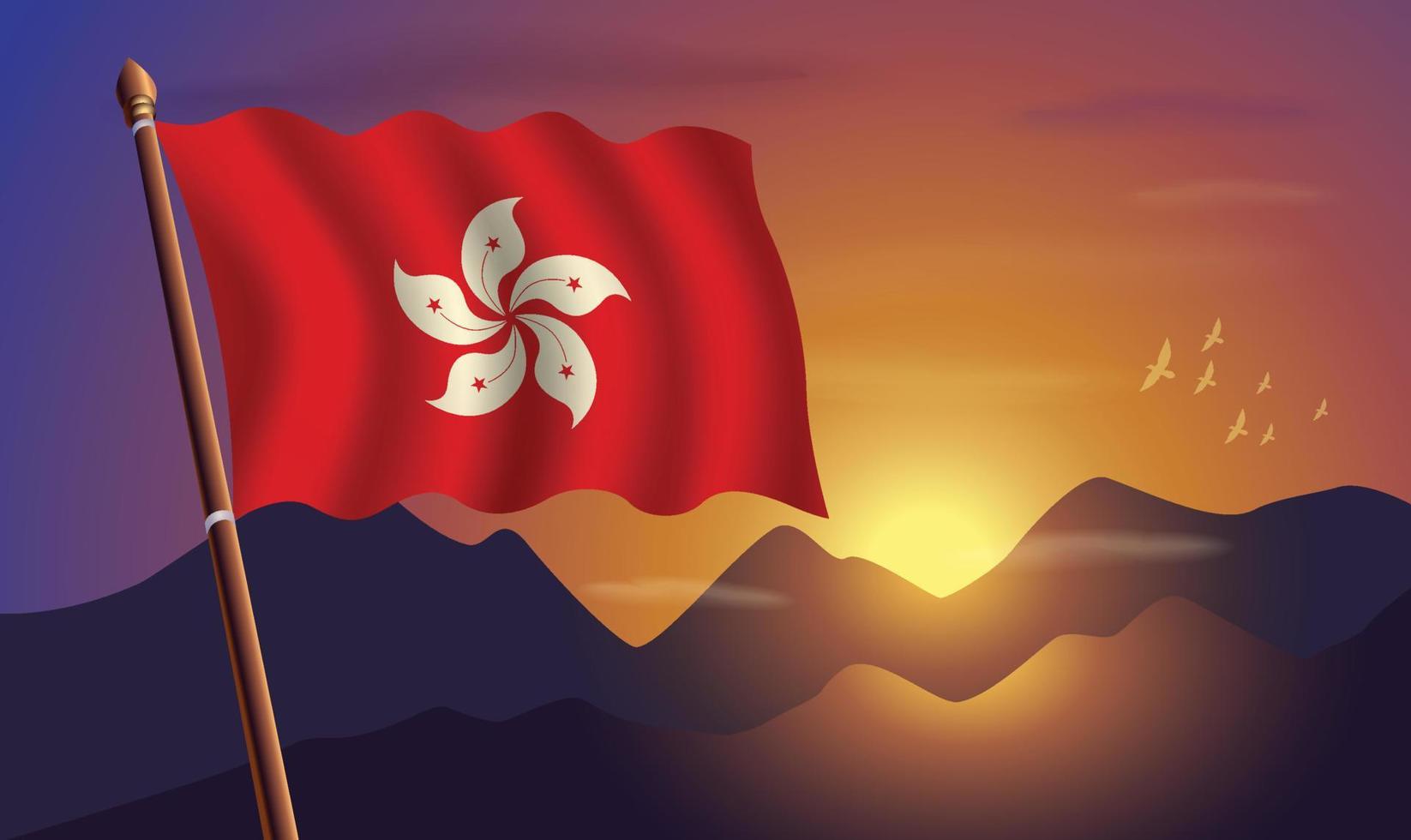 hong Kong vlag met bergen en zonsondergang in de achtergrond vector