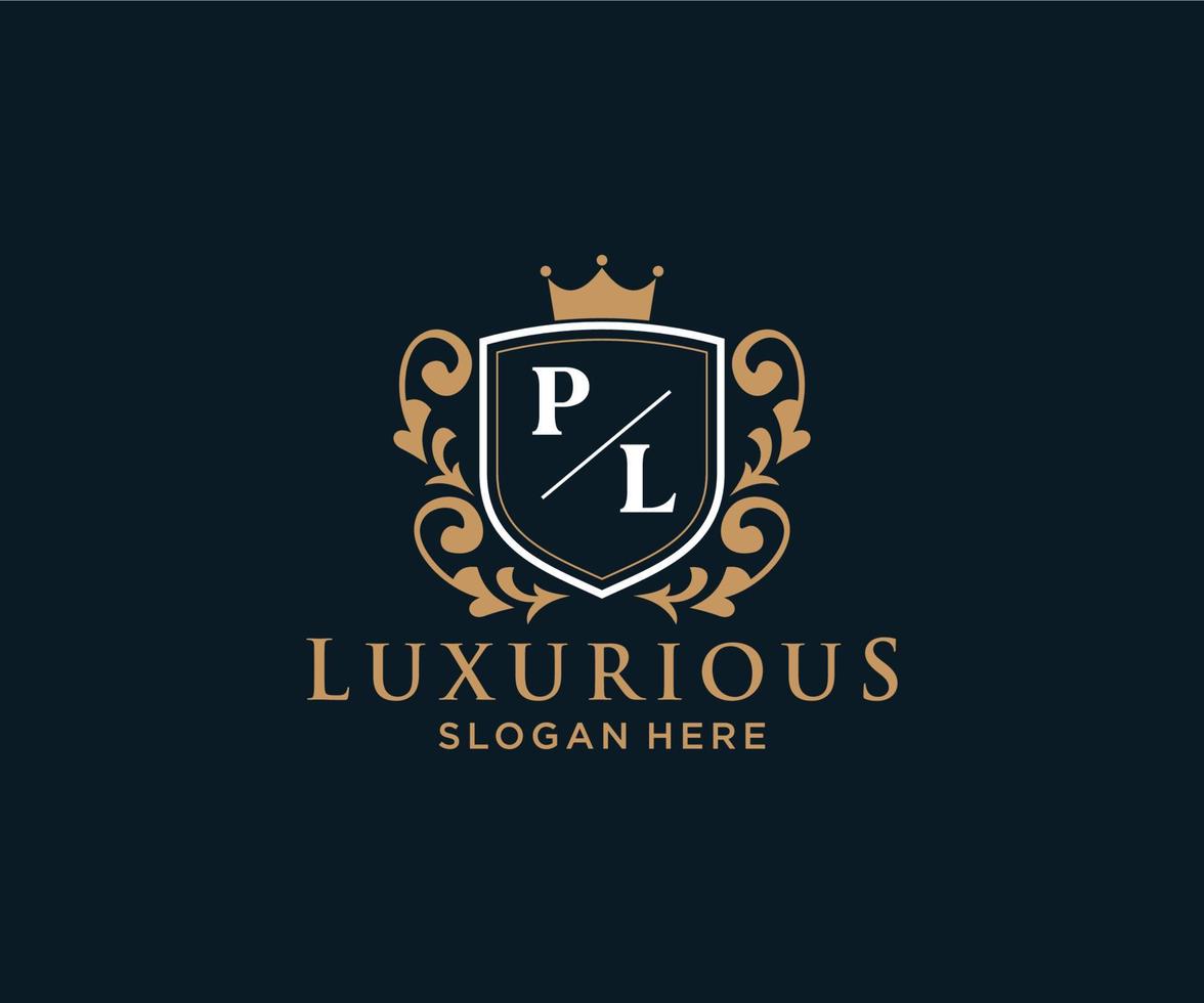 eerste pl brief Koninklijk luxe logo sjabloon in vector kunst voor restaurant, royalty, boetiek, cafe, hotel, heraldisch, sieraden, mode en andere vector illustratie.