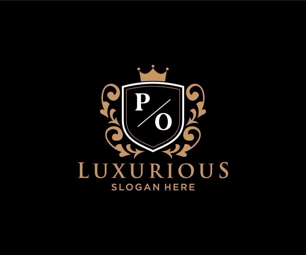 eerste po brief Koninklijk luxe logo sjabloon in vector kunst voor restaurant, royalty, boetiek, cafe, hotel, heraldisch, sieraden, mode en andere vector illustratie.