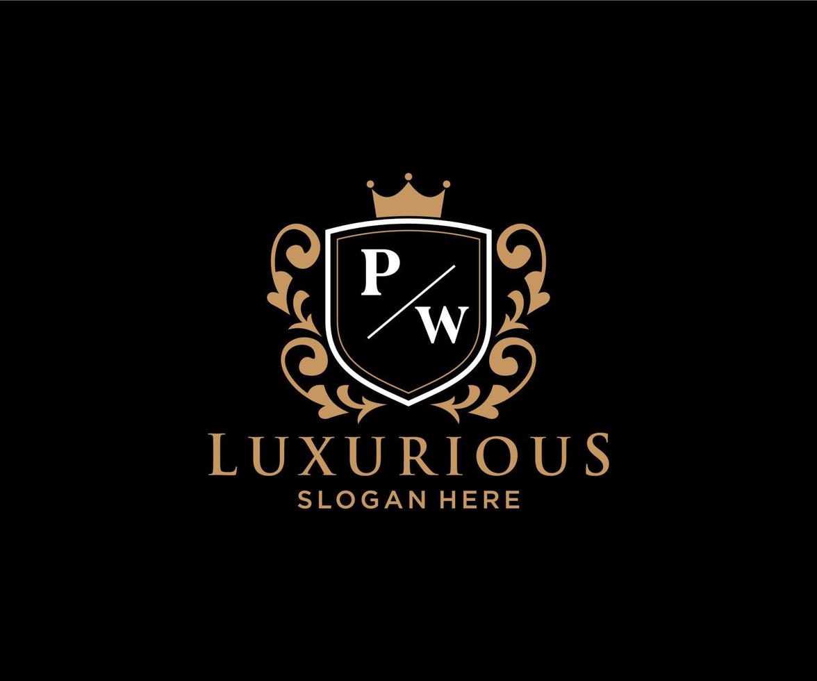 eerste pw brief Koninklijk luxe logo sjabloon in vector kunst voor restaurant, royalty, boetiek, cafe, hotel, heraldisch, sieraden, mode en andere vector illustratie.