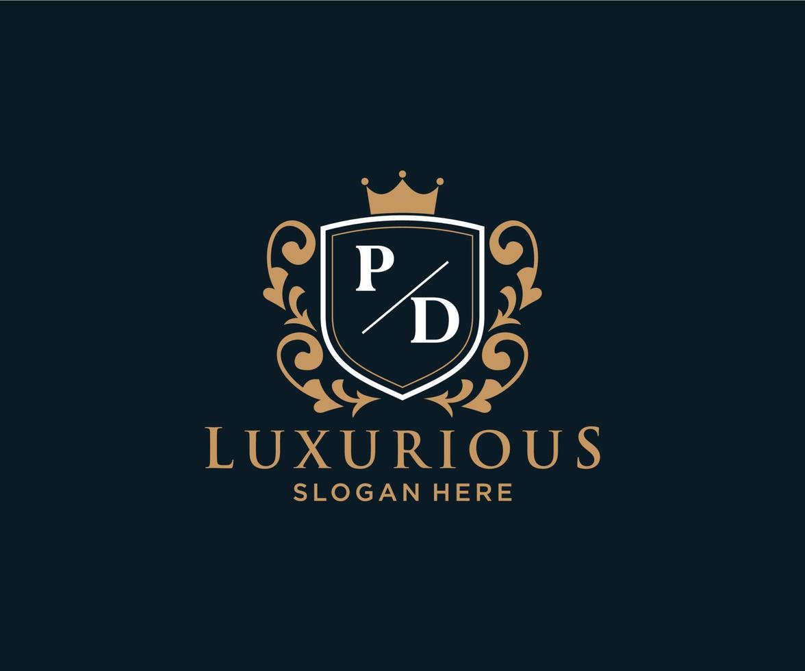 eerste pd brief Koninklijk luxe logo sjabloon in vector kunst voor restaurant, royalty, boetiek, cafe, hotel, heraldisch, sieraden, mode en andere vector illustratie.