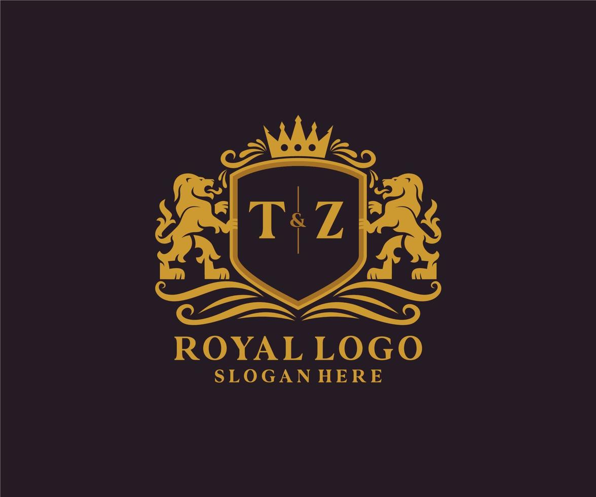 eerste tz brief leeuw Koninklijk luxe logo sjabloon in vector kunst voor restaurant, royalty, boetiek, cafe, hotel, heraldisch, sieraden, mode en andere vector illustratie.