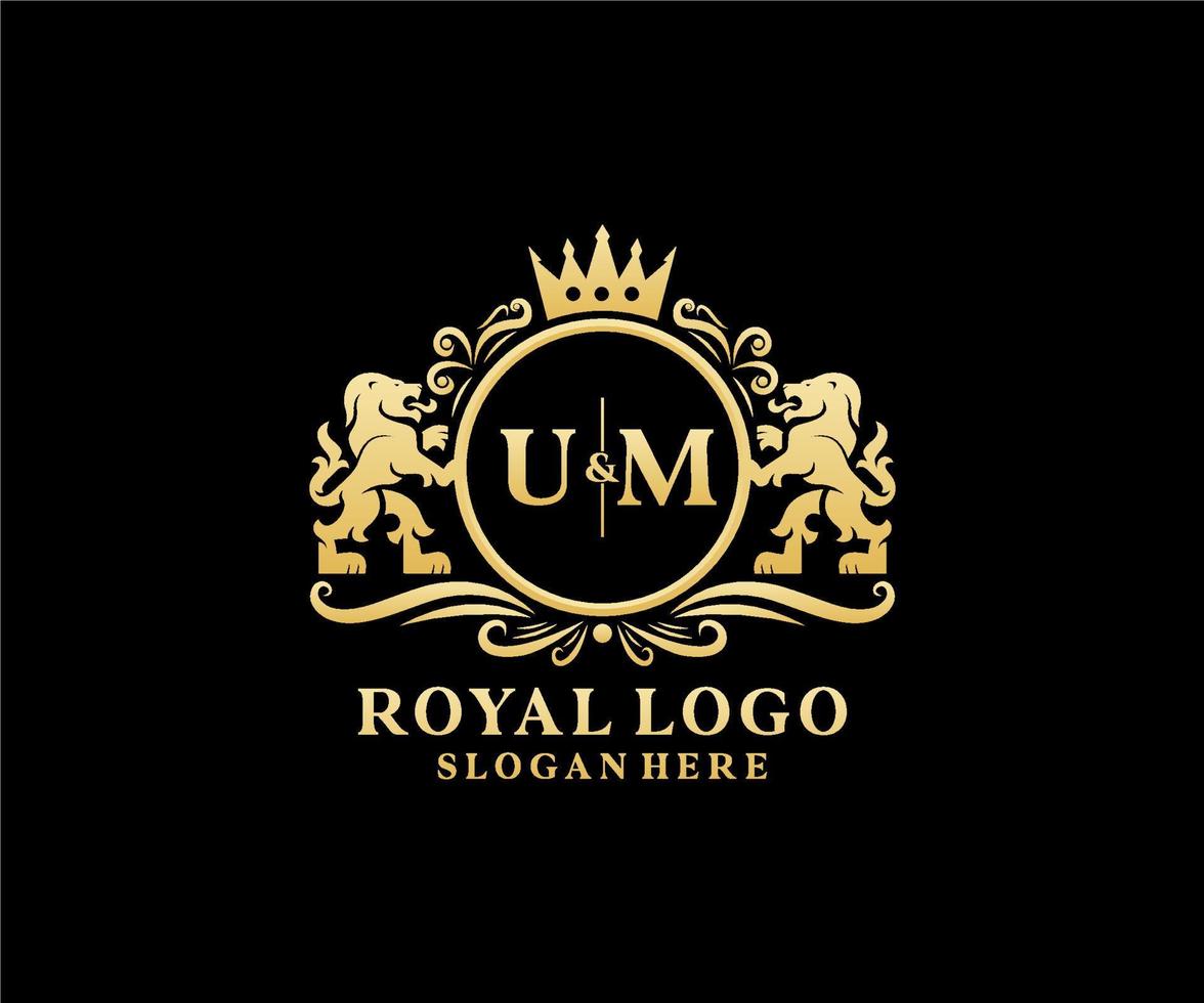 eerste um brief leeuw Koninklijk luxe logo sjabloon in vector kunst voor restaurant, royalty, boetiek, cafe, hotel, heraldisch, sieraden, mode en andere vector illustratie.