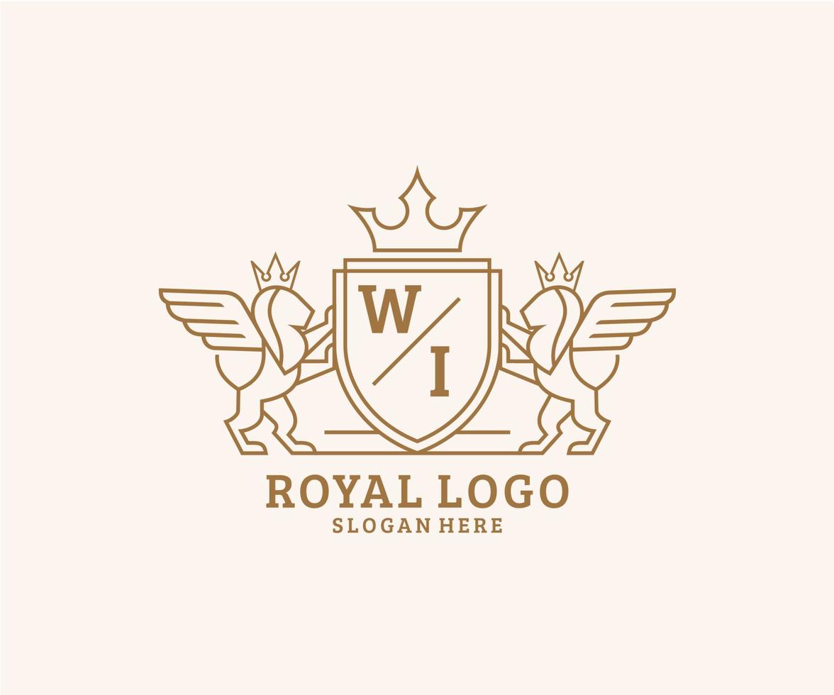 eerste wi brief leeuw Koninklijk luxe heraldisch, wapen logo sjabloon in vector kunst voor restaurant, royalty, boetiek, cafe, hotel, heraldisch, sieraden, mode en andere vector illustratie.