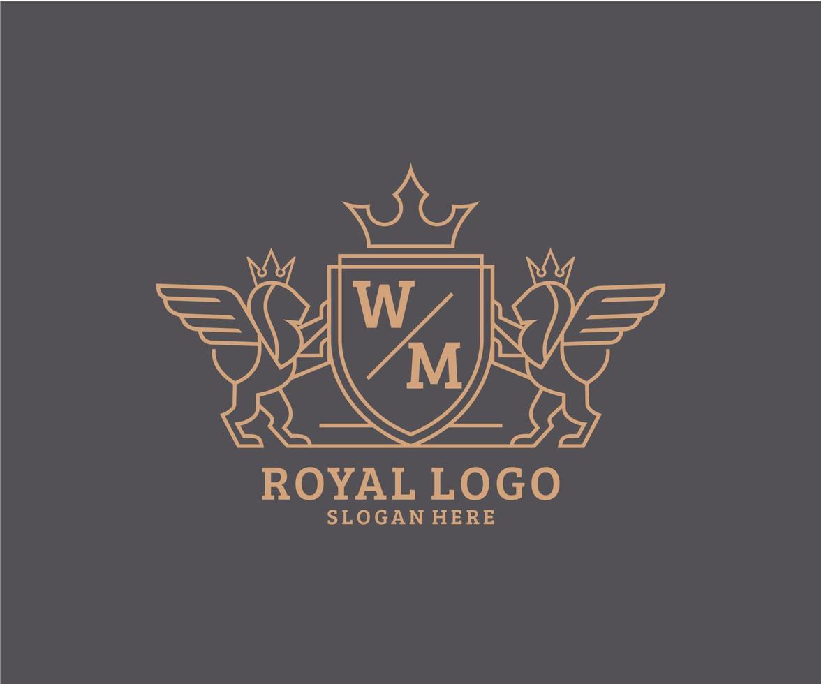 eerste wm brief leeuw Koninklijk luxe heraldisch, wapen logo sjabloon in vector kunst voor restaurant, royalty, boetiek, cafe, hotel, heraldisch, sieraden, mode en andere vector illustratie.