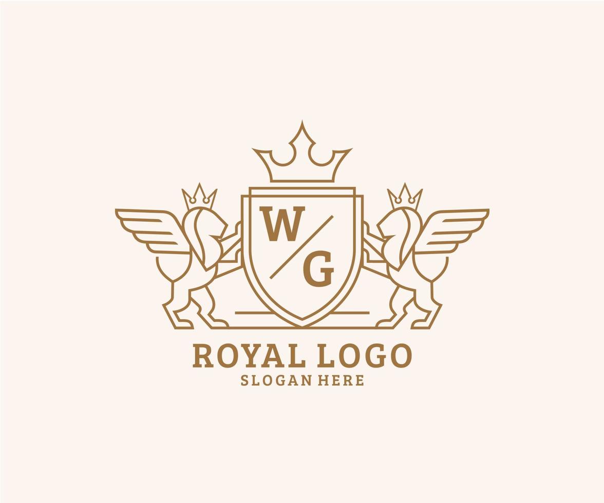 eerste wg brief leeuw Koninklijk luxe heraldisch, wapen logo sjabloon in vector kunst voor restaurant, royalty, boetiek, cafe, hotel, heraldisch, sieraden, mode en andere vector illustratie.