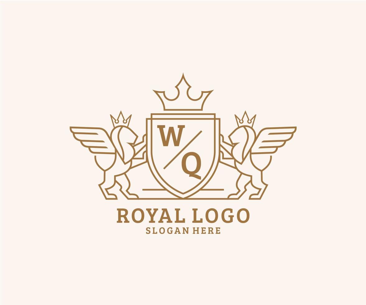 eerste wq brief leeuw Koninklijk luxe heraldisch, wapen logo sjabloon in vector kunst voor restaurant, royalty, boetiek, cafe, hotel, heraldisch, sieraden, mode en andere vector illustratie.