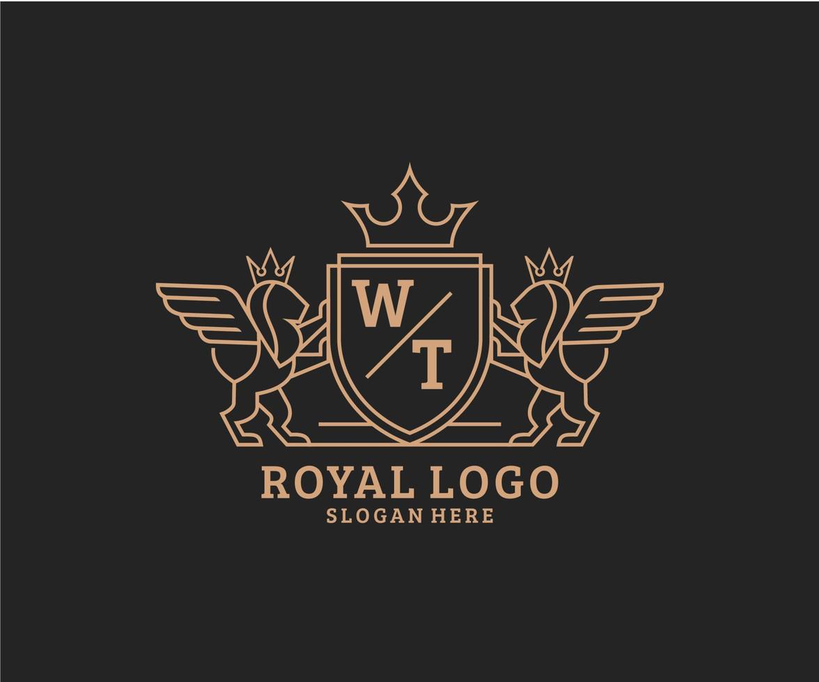 eerste wt brief leeuw Koninklijk luxe heraldisch, wapen logo sjabloon in vector kunst voor restaurant, royalty, boetiek, cafe, hotel, heraldisch, sieraden, mode en andere vector illustratie.