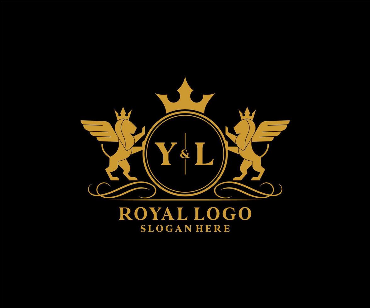 eerste yl brief leeuw Koninklijk luxe heraldisch, wapen logo sjabloon in vector kunst voor restaurant, royalty, boetiek, cafe, hotel, heraldisch, sieraden, mode en andere vector illustratie.