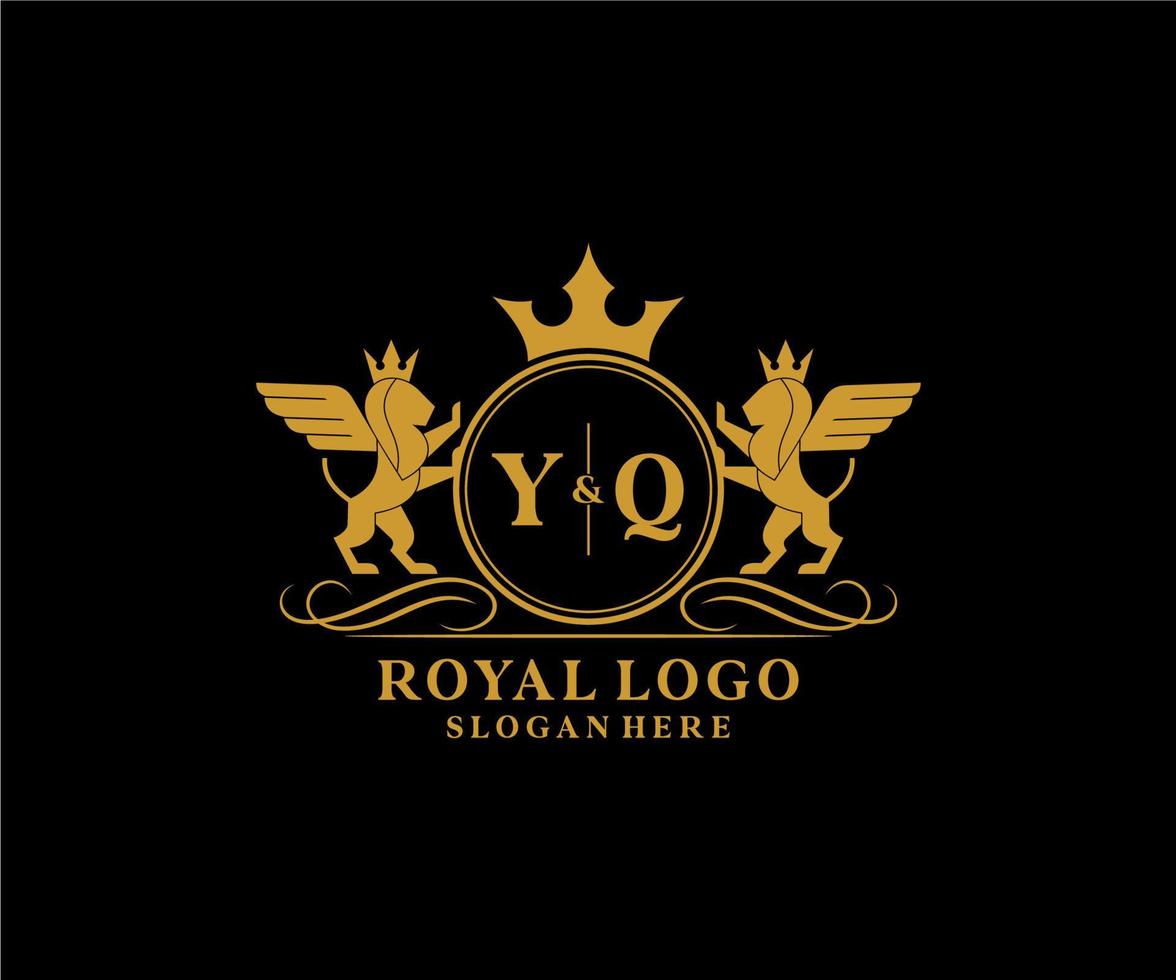 eerste yq brief leeuw Koninklijk luxe heraldisch, wapen logo sjabloon in vector kunst voor restaurant, royalty, boetiek, cafe, hotel, heraldisch, sieraden, mode en andere vector illustratie.