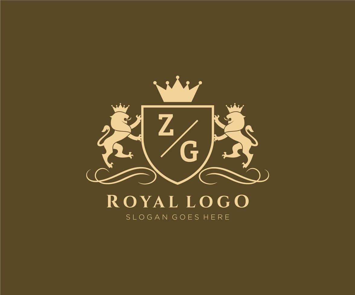 eerste zg brief leeuw Koninklijk luxe heraldisch, wapen logo sjabloon in vector kunst voor restaurant, royalty, boetiek, cafe, hotel, heraldisch, sieraden, mode en andere vector illustratie.