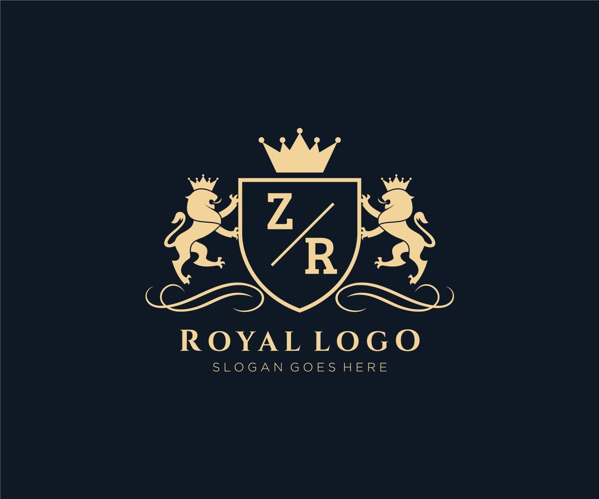 eerste zr brief leeuw Koninklijk luxe heraldisch, wapen logo sjabloon in vector kunst voor restaurant, royalty, boetiek, cafe, hotel, heraldisch, sieraden, mode en andere vector illustratie.