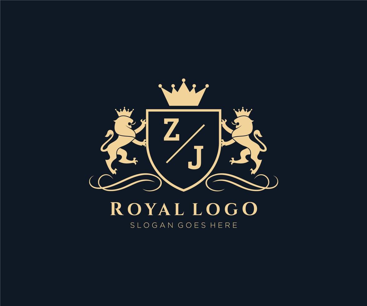 eerste zj brief leeuw Koninklijk luxe heraldisch, wapen logo sjabloon in vector kunst voor restaurant, royalty, boetiek, cafe, hotel, heraldisch, sieraden, mode en andere vector illustratie.