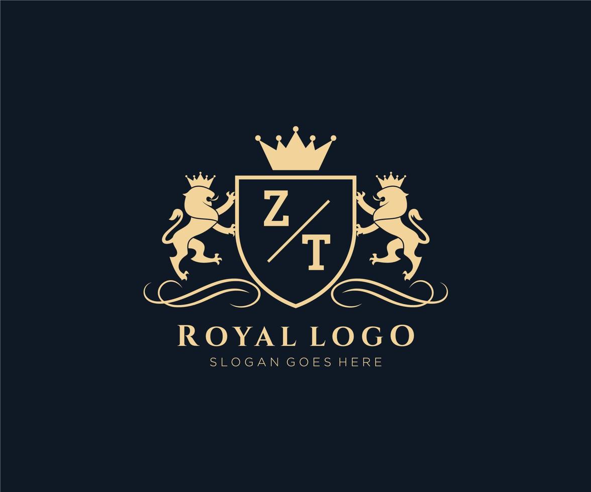 eerste zt brief leeuw Koninklijk luxe heraldisch, wapen logo sjabloon in vector kunst voor restaurant, royalty, boetiek, cafe, hotel, heraldisch, sieraden, mode en andere vector illustratie.