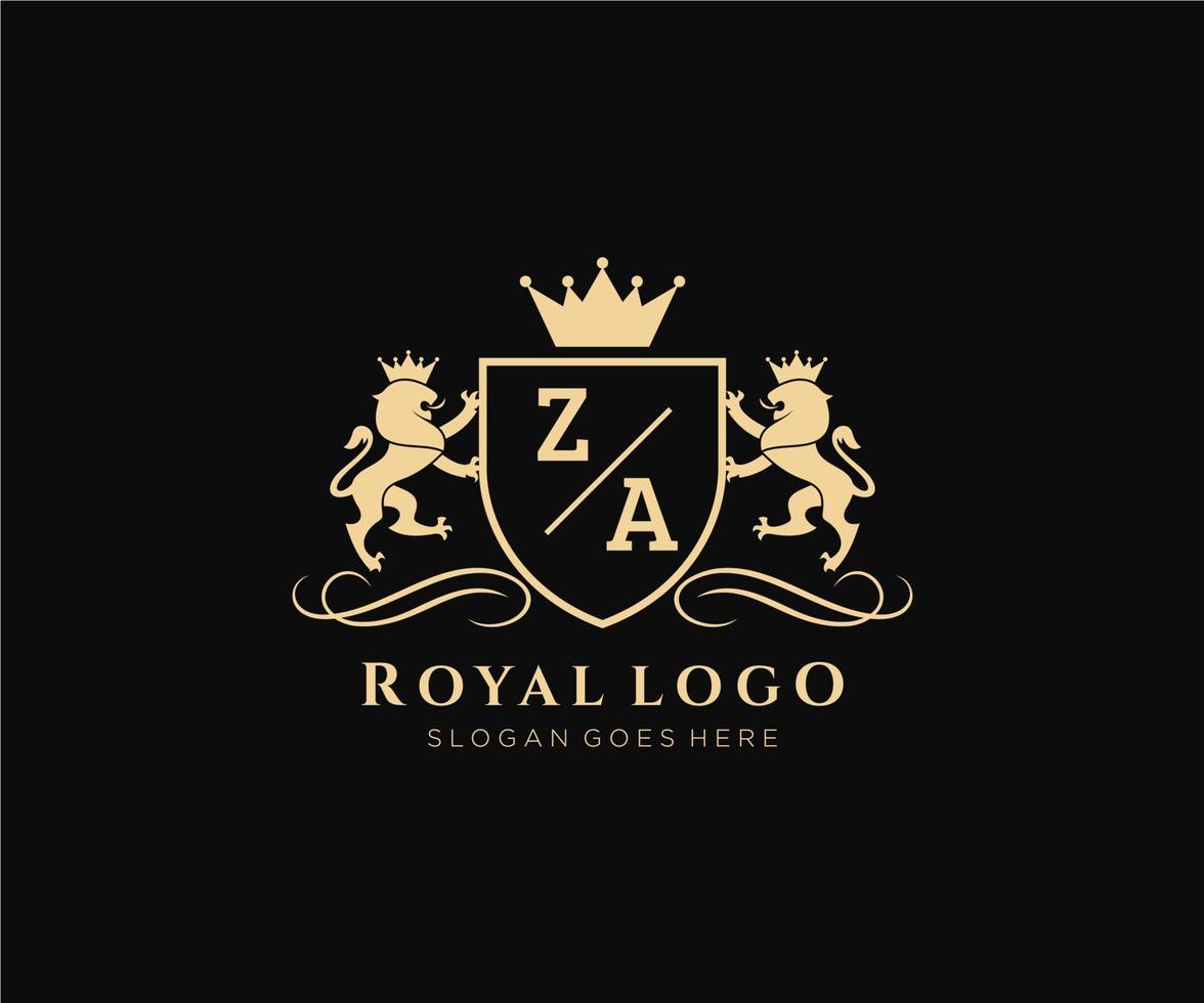 eerste za brief leeuw Koninklijk luxe heraldisch, wapen logo sjabloon in vector kunst voor restaurant, royalty, boetiek, cafe, hotel, heraldisch, sieraden, mode en andere vector illustratie.