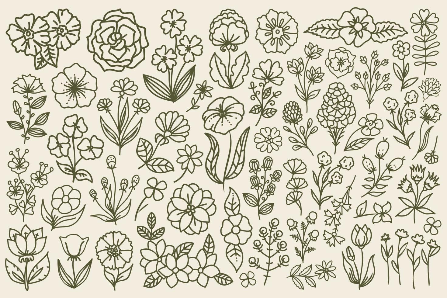 lijn kunst getrokken bloemen set. hand- getrokken, tekening stijl vector bloemen met dun lijn. schets decoratief bloemen bundel.
