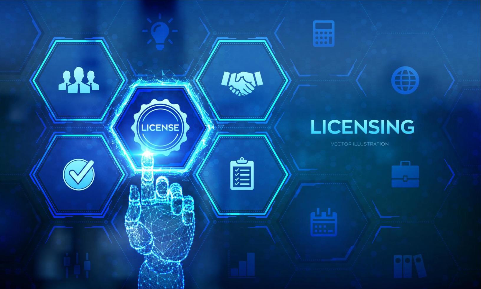 licenties. licentie overeenkomst concept. auteursrechten bescherming wet licentie eigendom rechten. bedrijf technologie concept Aan virtueel scherm. robot hand- aanraken digitaal koppel. vector illustratie.