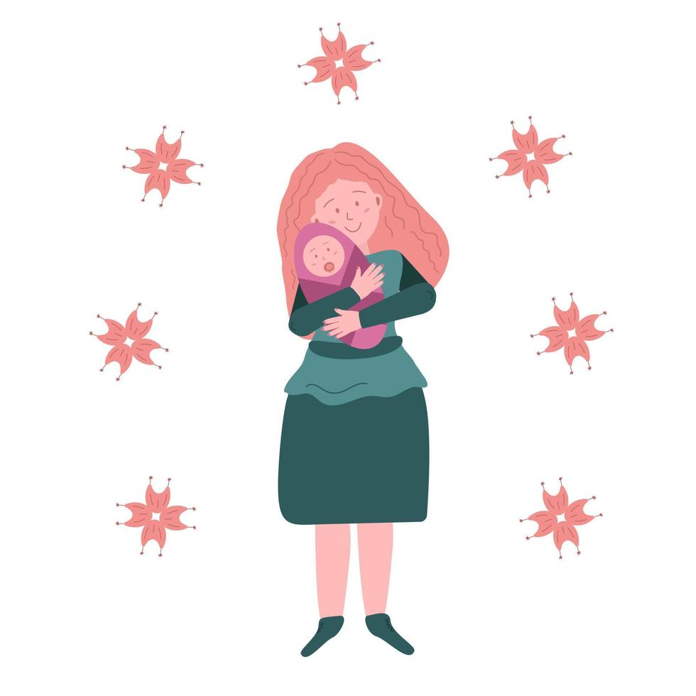 zorgzaam vrouw met een baby in haar armen. mam met een baby met een bloemen ontwerp. de concept van moederschap, borstvoeding, kind zorg vector