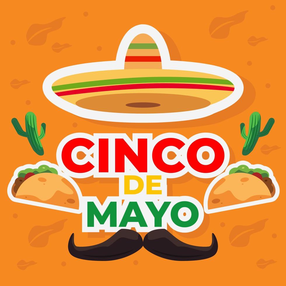 cinco de mayonaise. illustratie van een sombrero hoed, snor, gebakken taco, en cactus vector