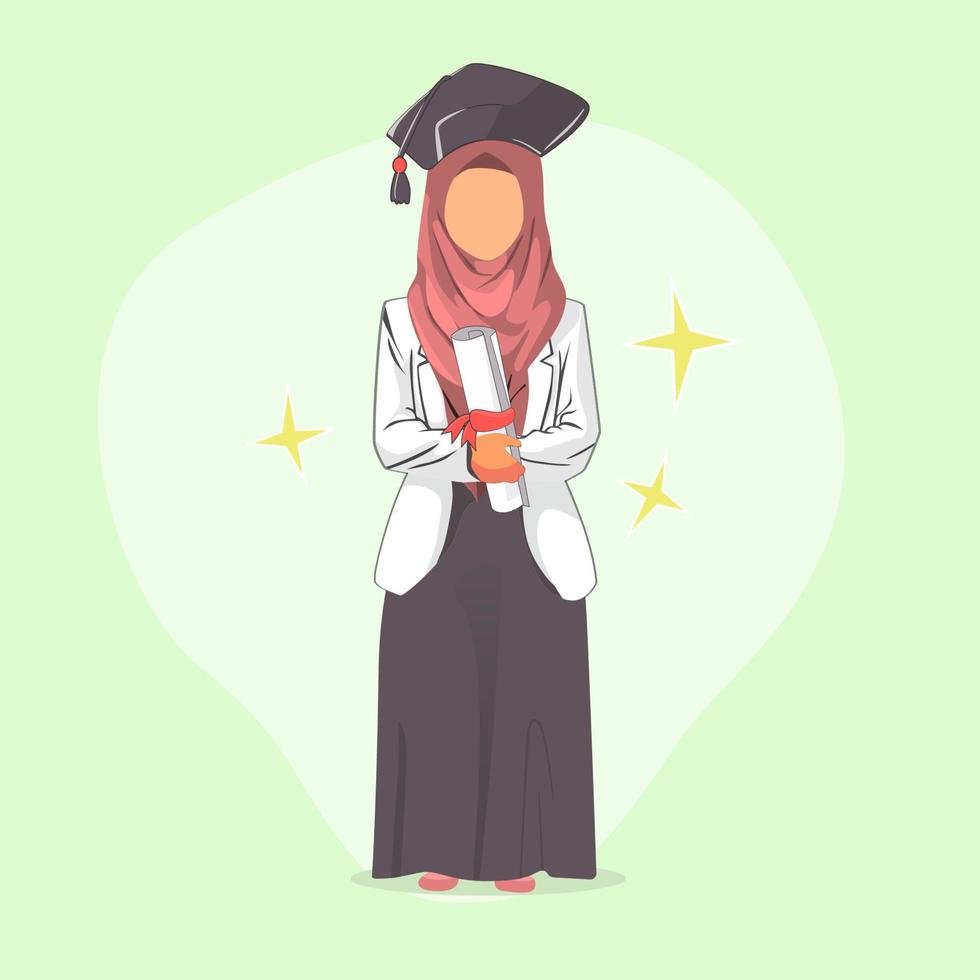 mooi muslimah leerling Aan diploma uitreiking dag tekenfilm illustratie vector