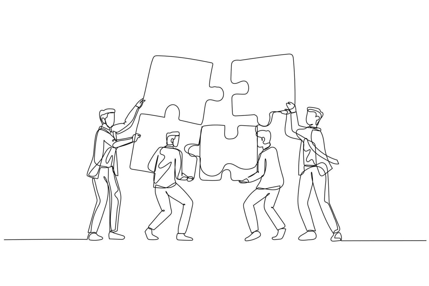 tekenfilm van zakenman met team brengen puzzel samen. concept van teamwerk. een lijn stijl kunst vector