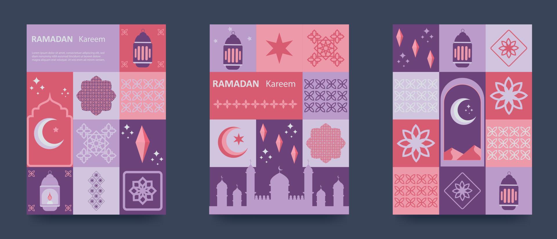 Ramadan kareem. Ramadan groet kaart sjabloon set. traditioneel patronen en elementen. mozaïek- meetkundig illustratie. poster, media spandoek. vector illustratie