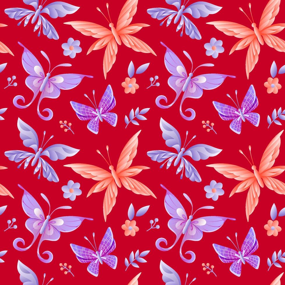 naadloos patroon met vlinders, bloemen en bladeren vector