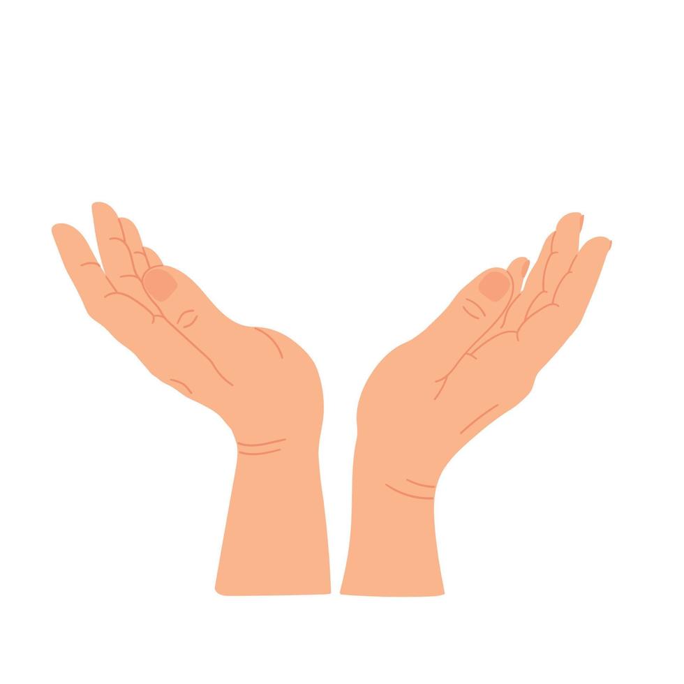 Open handen op zoek omhoog voor bidden of vragen. palm handen omhoog. gebaar met twee handen samen. vector vlak illustratie.