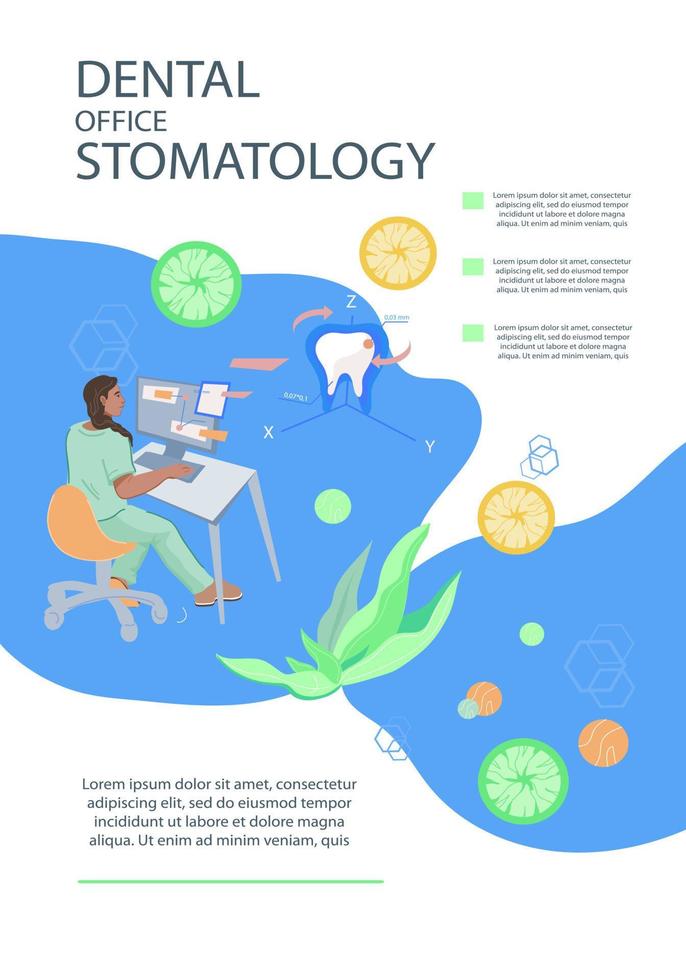 tandheelkundig zorg kantoor en stomatologie folder of brochure ontwerp met karakter van tandarts gebruik makend van computer tomografie apparatuur. tandheelkunde, tandheelkundig implantologie en mondeling tomografie banier sjabloon. vector