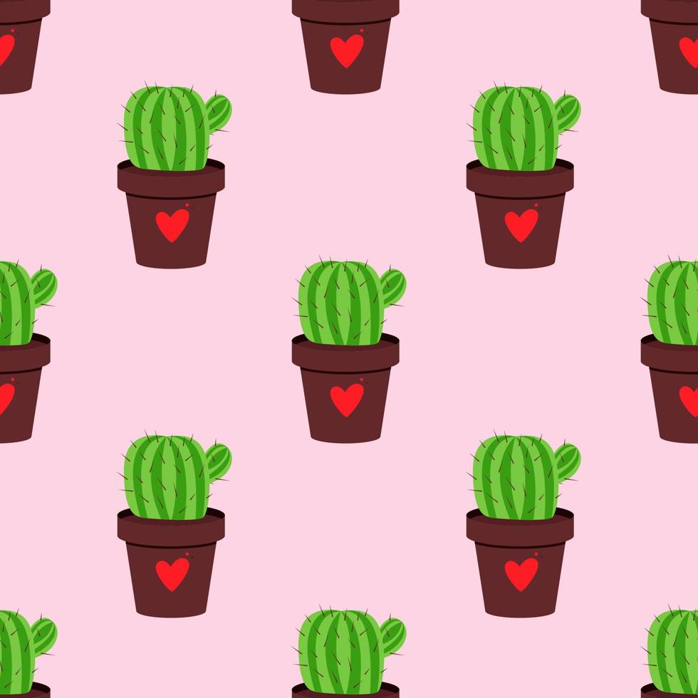 helder vector naadloos cactus in de pot met hart patroon.