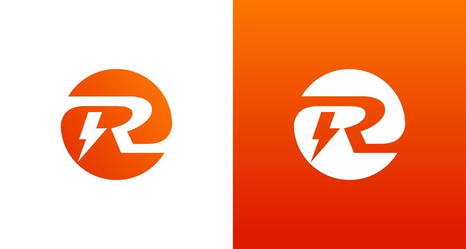 r elektrisch logo-ontwerp met vonk- en spanningselement, cirkel r eerste logo vector