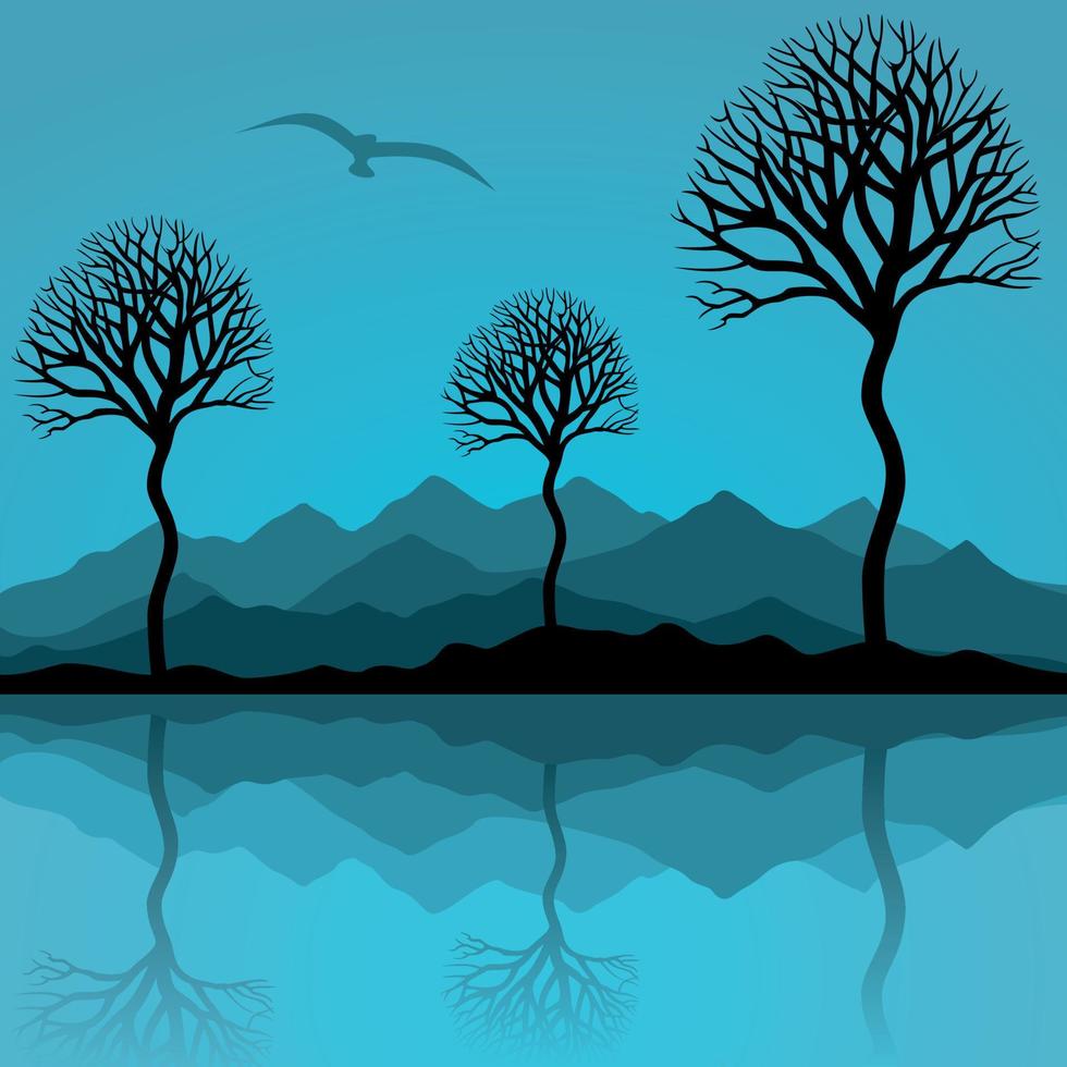 bomen zijn weerspiegeld in meer. een vector illustratie