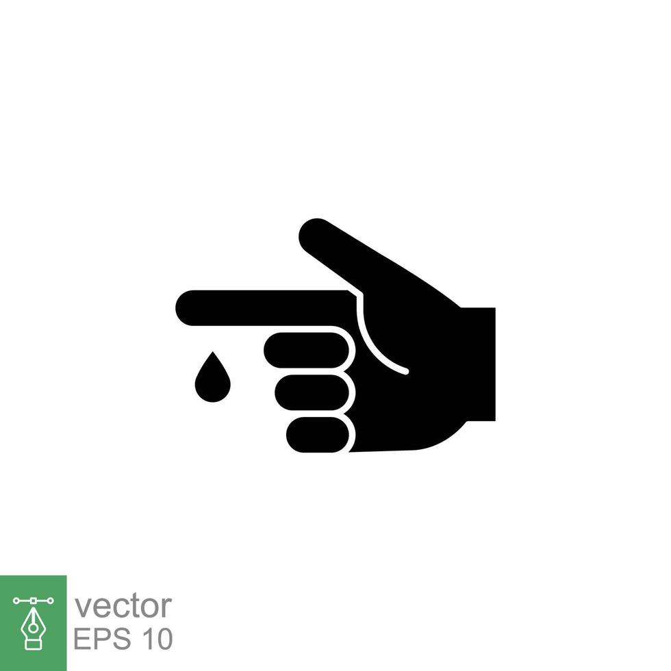 bloed Aan vinger glyph icoon. vector mensen hand- gewond geïsoleerd symbool. glucose, insuline testen, diabetes concept. gemakkelijk solide stijl. teken illustratie Aan wit achtergrond. eps 10.