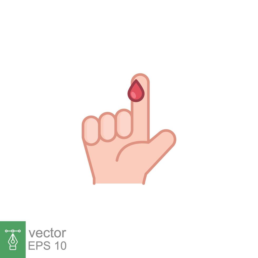 bloed Aan vinger icoon. vector mensen hand- gewond geïsoleerd symbool. glucose, insuline testen, diabetes concept. gemakkelijk gevulde schets stijl. teken illustratie Aan wit achtergrond. eps 10.