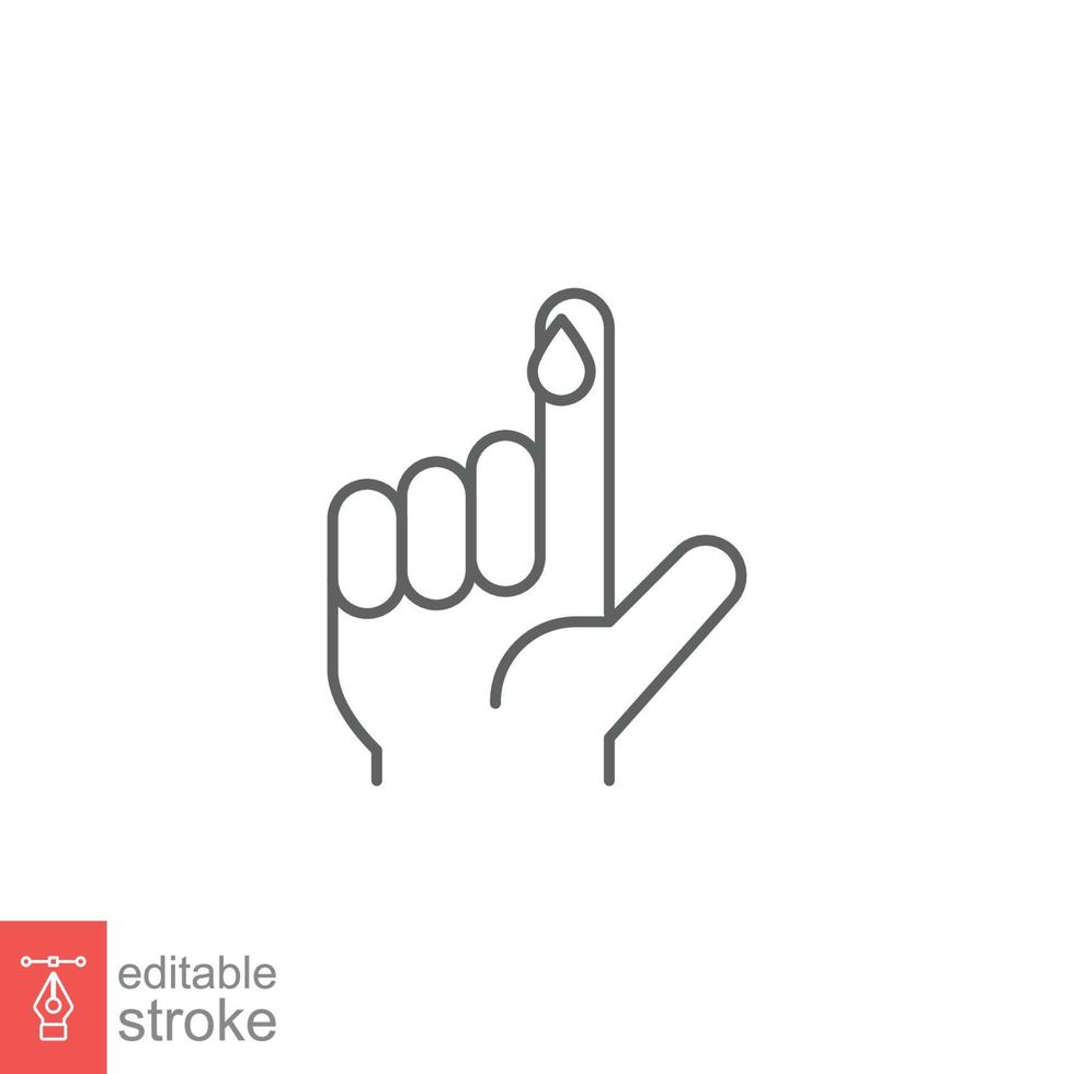 bloed Aan vinger lijn icoon. vector mensen hand- gewond geïsoleerd symbool. glucose, insuline testen, diabetes concept. gemakkelijk schets stijl. teken illustratie Aan wit achtergrond. bewerkbare beroerte eps 10.