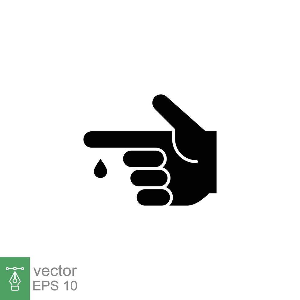 bloed Aan vinger glyph icoon. vector mensen hand- gewond geïsoleerd symbool. glucose, insuline testen, diabetes concept. gemakkelijk solide stijl. teken illustratie Aan wit achtergrond. eps 10.