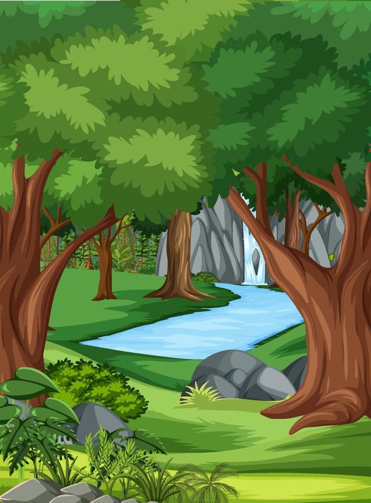 jungle scene met veel bomen en waterval vector