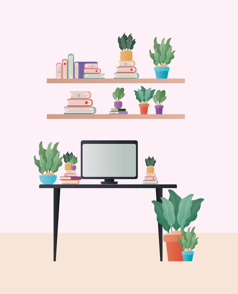 bureau met computer en planten in kamer vector design