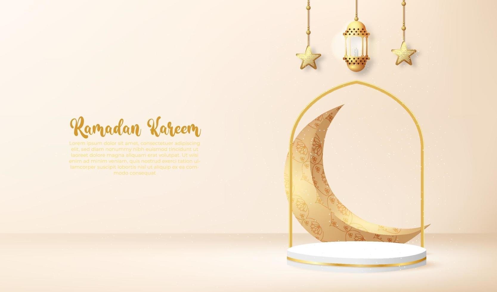 3d ramadan kareem-achtergrond met gouden lamp en podium. vector