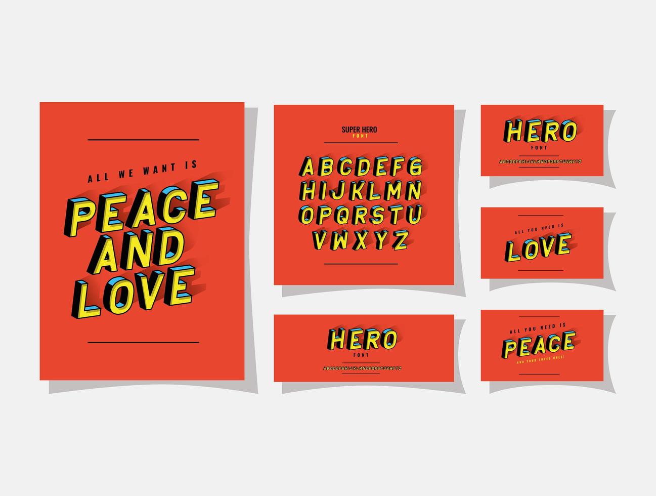 3d vrede en liefde belettering en alfabet op rode achtergronden vector ontwerp