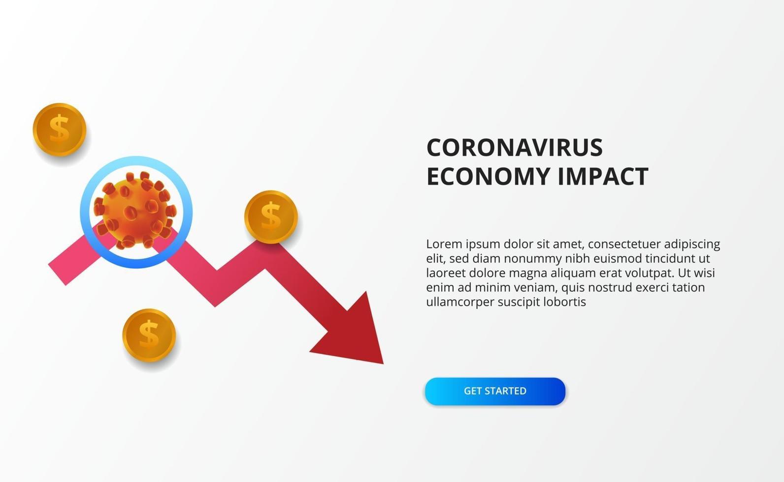 de impact op de economie van het coronavirus verspreiden. ondergang van de economie. hit aandelenmarkt en wereldeconomie. rode bearish pijl concept vector