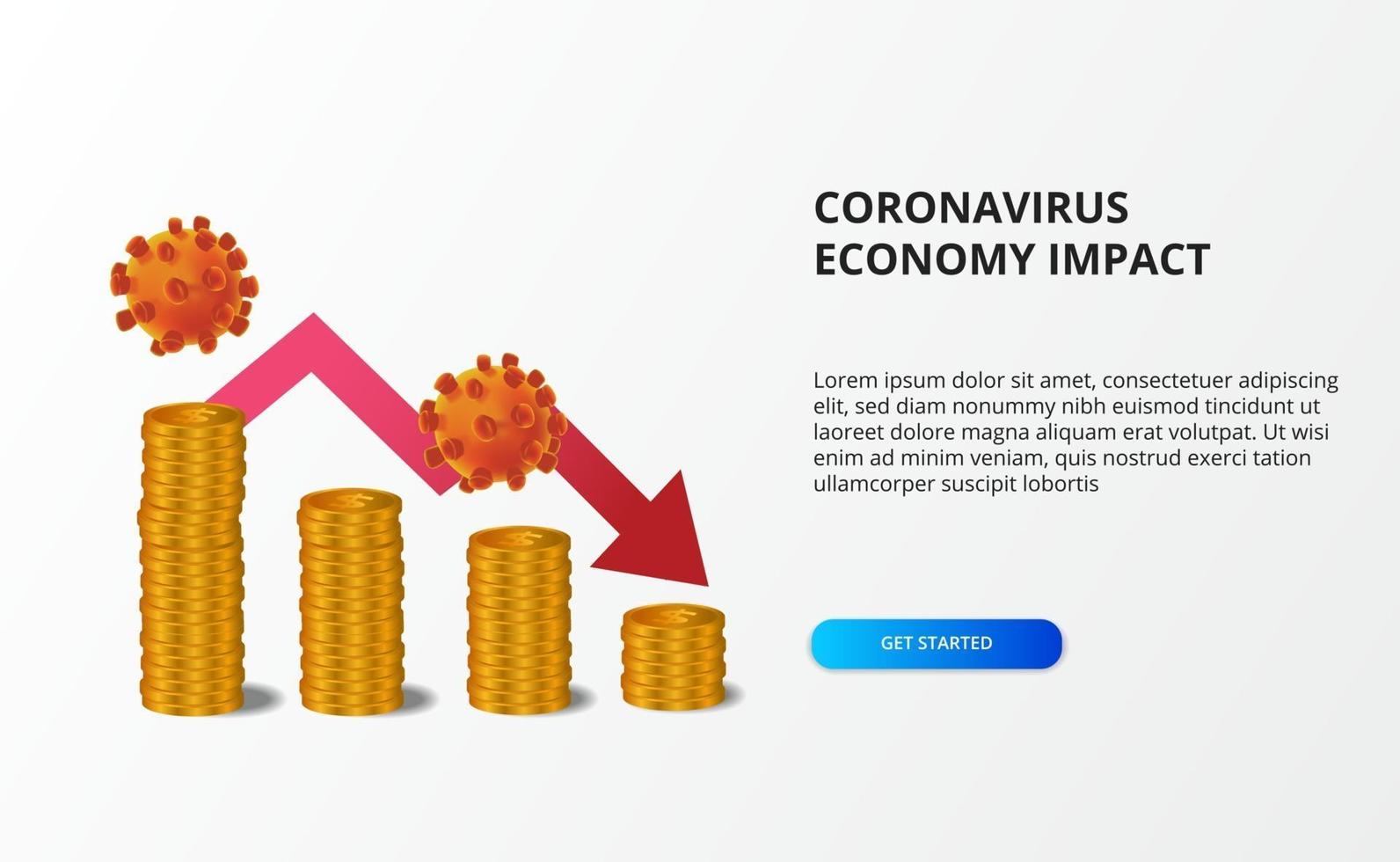 de impact op de economie van het coronavirus verspreiden. economie downall. hit aandelenmarkt en wereldeconomie. geldgrafiek met rode bearish pijl vector